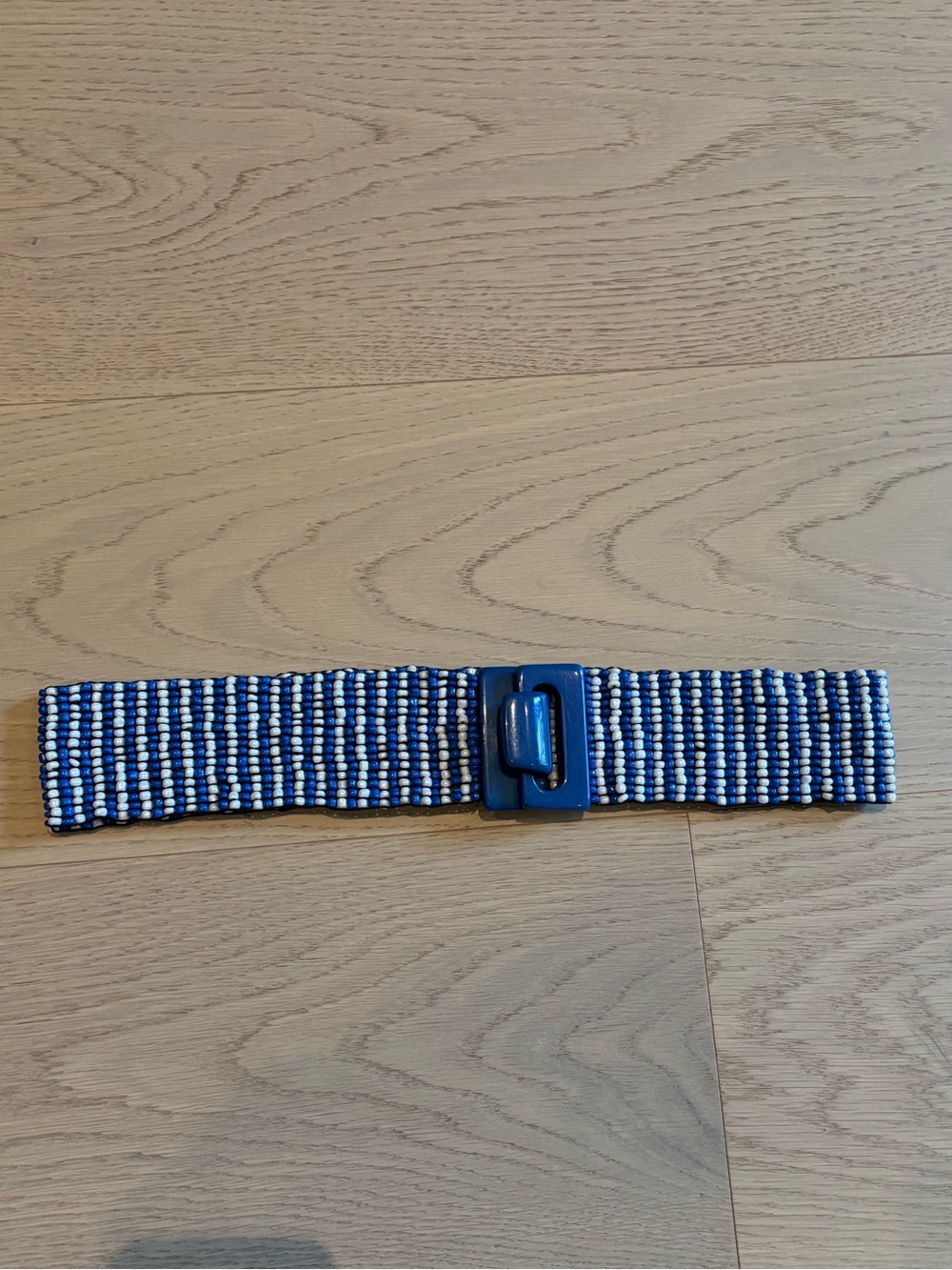 Blue and White Woven Stretch Belt with Blue Buckle Made in Italy